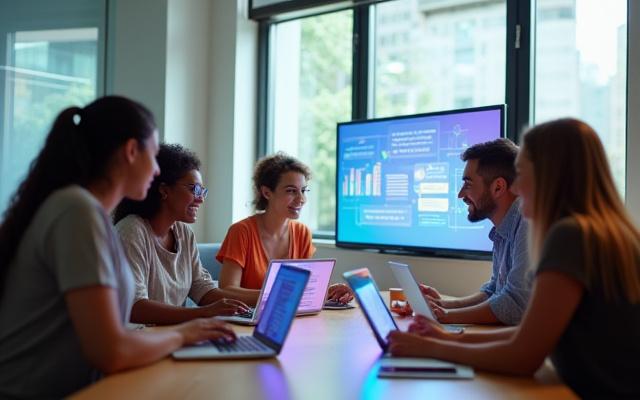 Anim na taong nagtratrabaho sa iba't ibang digital device na may overlay ng interactive elements